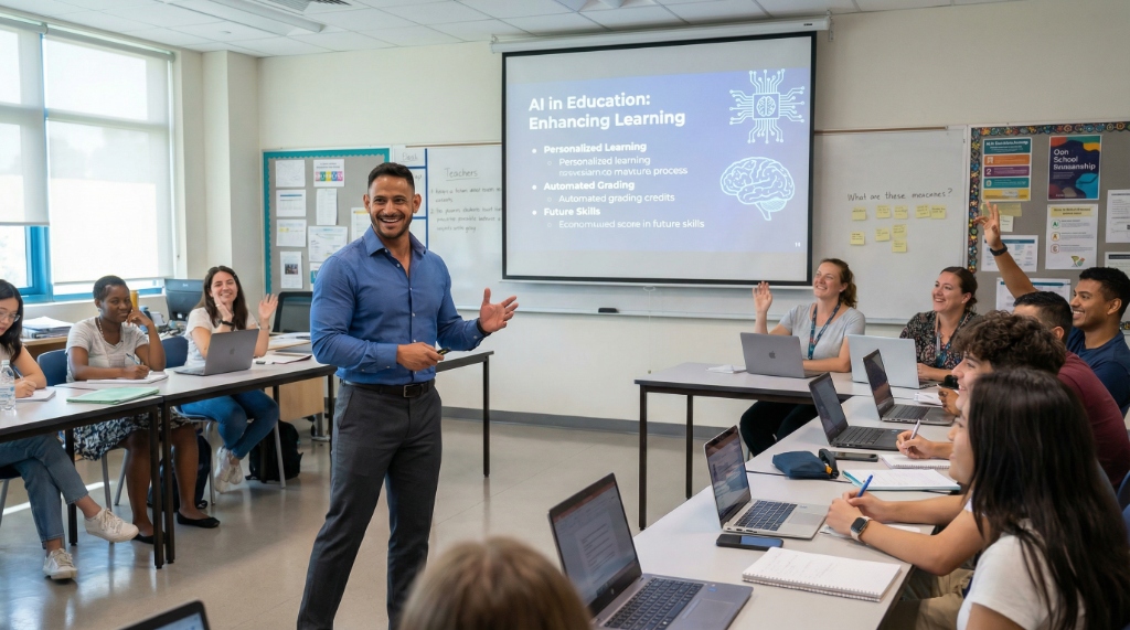 Taj delivering an in-person workshop on AI in Education
